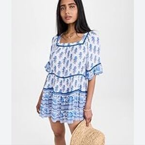 Playa Lucila Women's Drop Waist Border Print  Mini Dress Tiered Blue White L
